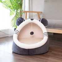 Nouveau Design Animal mignon lit molletonné pour animaux de compagnie avec boule suspendue jouets grotte pour chat amovible peluche douce coussin lit maison hiver belle solide