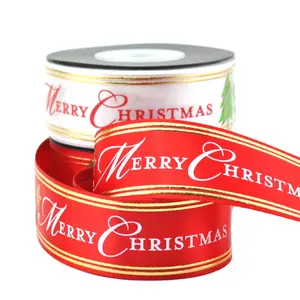 Customized Luxury 3D Foil Christmas Embossed Printed Soft Polyester Satin Ribbon WIth Logo Gift Wrapping Xmas