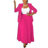 Ensemble tailleur décontracté grande taille pour femme : Manteau plissé et jupe, couleur unie, style africain, pour le bureau, automne, vintage