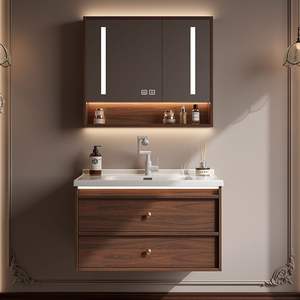 Mueble de baño de cerámica gruesa de estilo antiguo color nogal con doble cajón integrado - Product Image 3