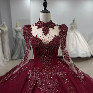 XS198 Hermoso Vestido de Quinceañera con Cuello Alto Ilusorio y Lentejuelas Color Borgoña para Chicas de 15 Años - Product Image 5