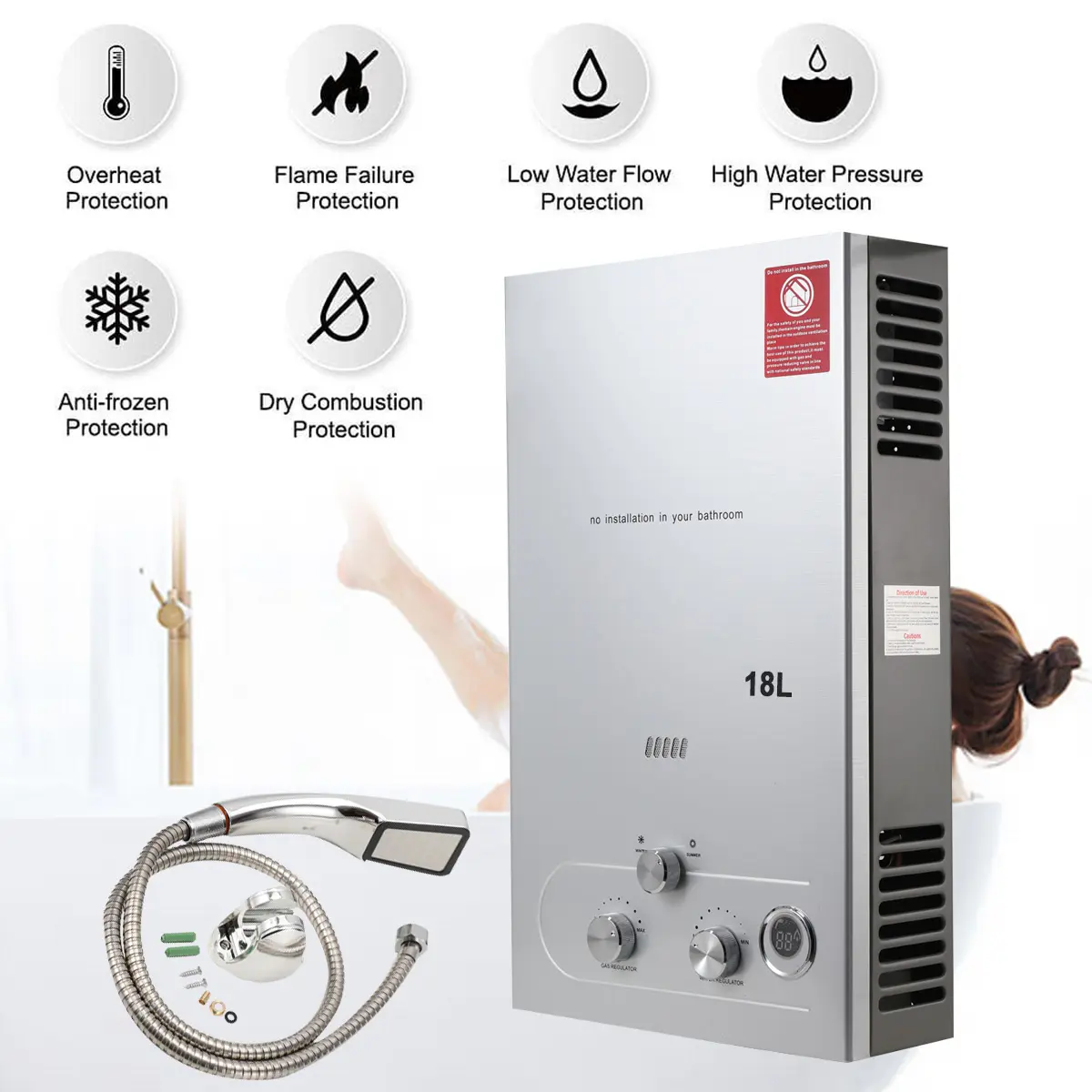 18L stainless steel LPG portable tankless instant high energy efficient household smart lpg gas water heater