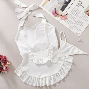 Vestido de lencería sexy con tirantes de encaje blanco, falda corta para mujer con lazo halter, disfraz sexy de sirvienta - Product Image 5