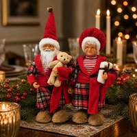 Ensemble de figurines en peluche rétro Père Noël et Mère Noël, 18 pouces, polyester, Père Noël et Mère Noël debout Poupées en tenues à carreaux pour cheminée ou table