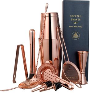 Conjunto bartender, kit bartender final de 10 peças, cobre rosa, cobre, shaker, caixa de presente