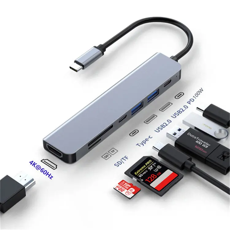 Konsentrator USB Hub 7 in 1 4K @ 30Hz HDTV stasiun Dok Tipe C adaptor pembagi ekstensi dok untuk Laptop PC