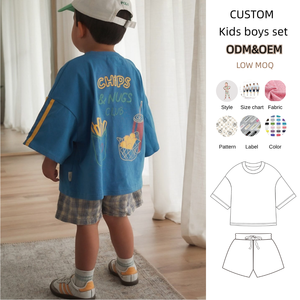 Conjunto de Verano <span class=keywords><strong>para</strong></span> Bebé, Camiseta Extra Grande con Franja Lateral y Pantalones Cortos a Cuadros, 100% Algodón, Estilo Australiano - Product Image 1