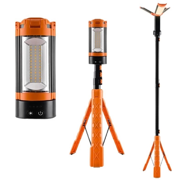 Portable Cordless LED Work Light Rechargeable 3-Head Camping Lamp 67" Tall Stand Detachable Tripod IP55 Rated 3500K Warm White