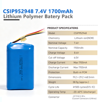 Paket Baterai Li-Po Densitas Energi Tinggi 7.4V 1700mAh Baterai Lithium Polymer 952948 2S1P Baterai Lipo Isi Ulang 7.4 Volt