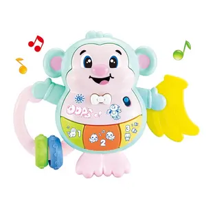 Brinquedo musical multifunções 3 em 1, chocalho de silicone para bebês, macaco agitável e musical