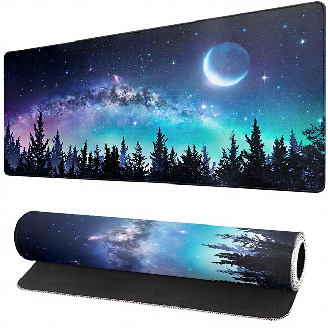 Custom Forest Moon Waterproof Extended Gaming Mouse Pad XL 3mm Thick Non-Slip Rubber Base Stitched Edges