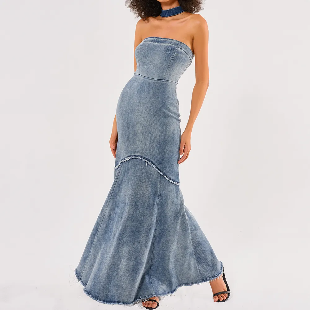 2024 venta al por mayor de las mujeres de talla grande de moda vestido de mezclilla señoras elegante Jean largo bodycon Maxi lujosos vestidos de fiesta de noche