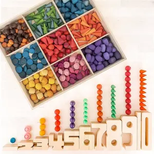 Building Blocks Educational Loose Parts Wood Rainbow Stack Blocks Tree Cones Droplets Honeycomb Mushroom Puzzle Wooden Toys