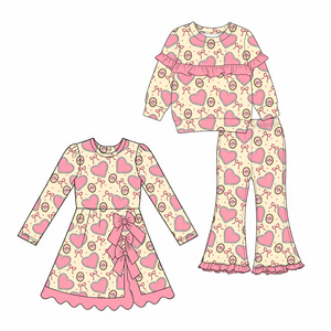 Robe douce à manches longues en coton biologique rose pour bébés filles, avec nœuds en forme de cœur personnalisés, pour la Saint-Valentin, vente en gros, vêtements de fête pour sœurs - Product Image 2