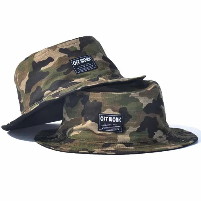 Toptan balıkçılık Unisex erkekler kadınlar Vintage Camo özel açık güneş kova şapka çift taraflı kap dokuma etiket