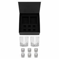 Ensemble de verres à whisky en gros avec 2 verres et 6 pierres réfrigérantes dans une boîte cadeau noire, gravure laser possible, pour les grossistes en articles de bar