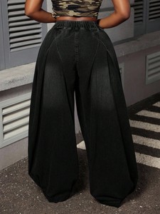 <span class=keywords><strong>Jeans</strong></span> Vintage Blu Lavato Effetto Stropicciato a Gamba Larga, Vestibilità Rilassata e Morbida, Modello Lanterna, da Donna Taglie Forti, <span class=keywords><strong>con</strong></span> <span class=keywords><strong>Vita</strong></span> Elastica - Product Image 4
