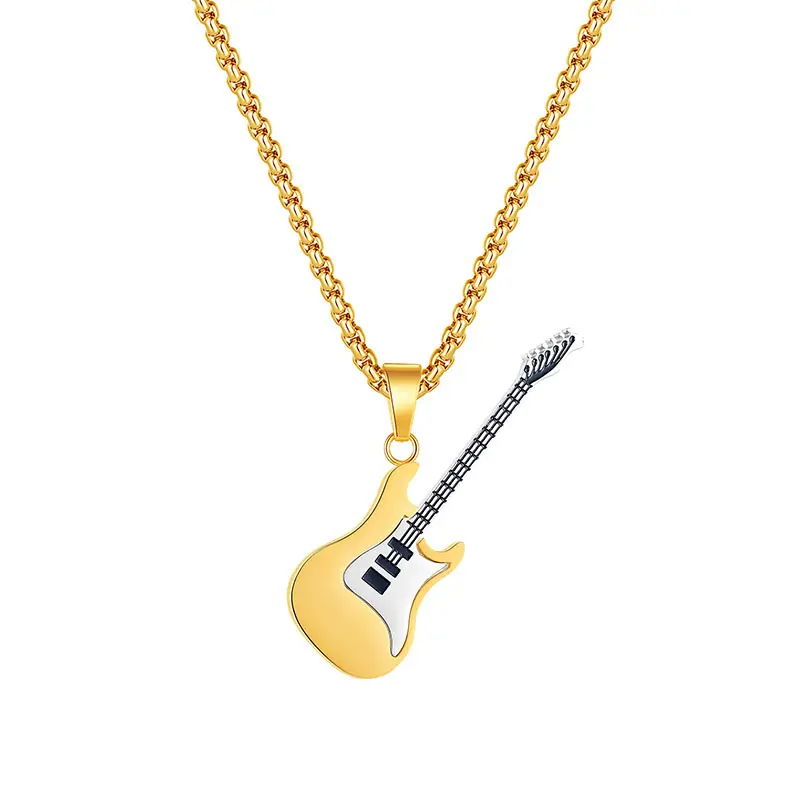 Fashion Rock Hip Hop donna uomo String Of Pearls Chain Jewelry collana a forma di chitarra in acciaio inossidabile placcato