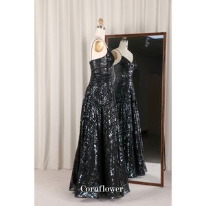 婚礼嘉宾亮片条纹珠网布女士派对性感透视鱼骨谦逊表演长礼服 - Product Image 2