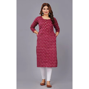 Maroon Cotton Printed Straight <b>Kurta</b> with Both Side Pockets | Round Neck Three-Quarter Sleeve Casual Ethnic Wear Kurti For <b>Women</b> - Product Image 1