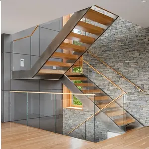 階段内モダンハウス住宅用スチール階段木製ストレートフローティング階段家庭用