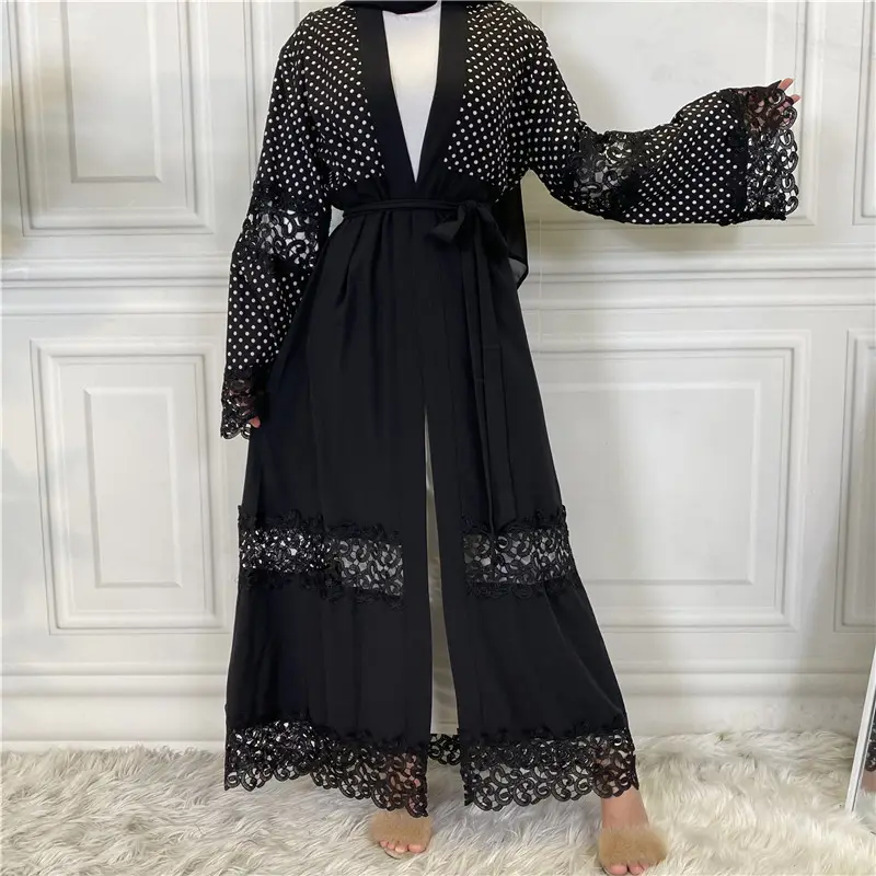 Großhandel neue Mode Pailletten schwarze Spitze Nähte Polka Dot Robe türkische islamische Strickjacke muslimische Abaya Frauen kleid