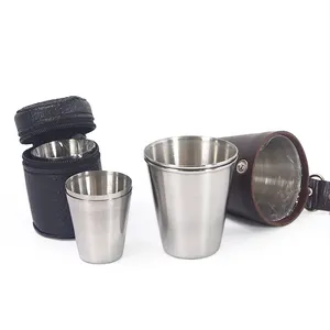 Custom logo portable stainless steel single wall shot glass with leather portable wine water cup mug hip flask with carry bag