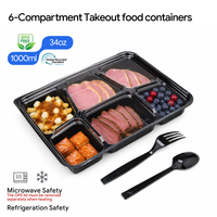 Boîte alimentaire en PP à 6 compartiments avec couvercle transparent en OPS, boîte à repas jetable, sans BPA, compatible micro-ondes, boîte à emporter