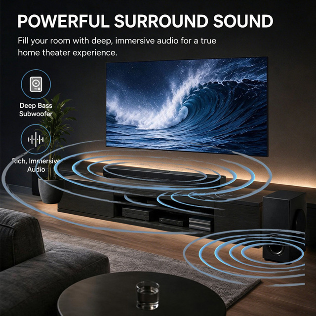 Soundbar 5 Speakers Passive Subwoofer 5.5" Woofer for Home Theater Outdoor Parties 2.1 Channel Surround Sound for ARC Remote
