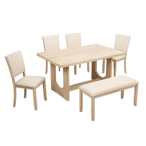 Juego de mesa de roble claro + beige con banco y 4 sillas