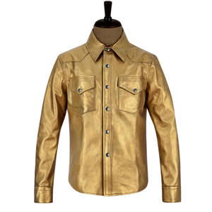 Best Shiny Metallic <b>Leather</b> <b>Jacket</b> For Men's New Shirt Style <b>Real</b> Sheep Hide Golden <b>Leather</b> <b>Jacket</b> For Stage Performance - Product Image 1