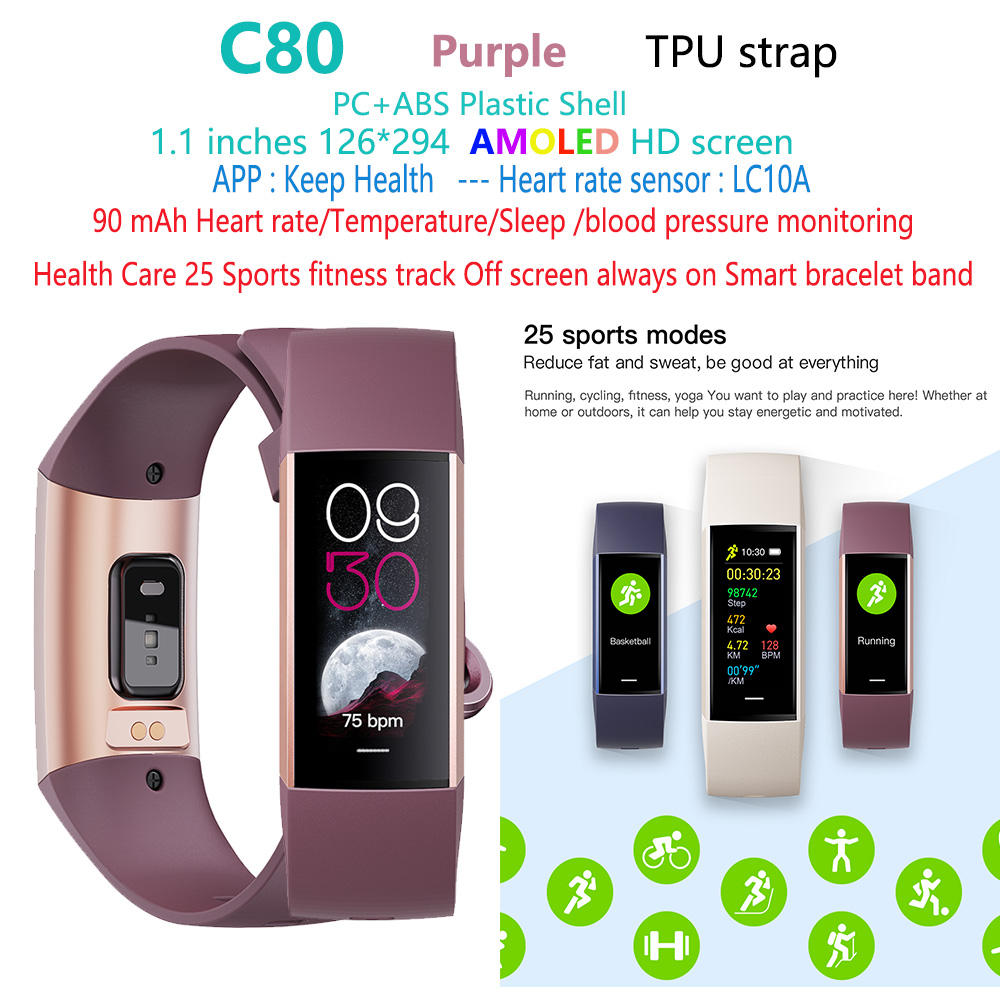 Púrpura C80 Deporte Fitness Tracker pulsera inteligente banda de reloj