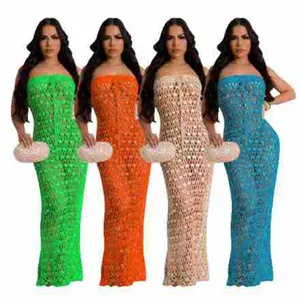 custom summer 2024 luxury women lady sexy handmade crochet hollow out sequin shiny cover up strapless sleeveless maxi long dress