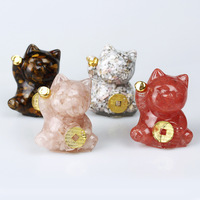 Vente en gros d'ornements en résine de chat porte-bonheur en pierre de cristal naturel, améthyste, quartz rose, coquillages et objets artisanaux en cristal animalier