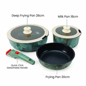 Juego de utensilios de cocina de acero al carbono con revestimiento antiadherente, <span class=keywords><strong>mango</strong></span> desmontable de baquelita y diseño de mármol verde, apto <span class=keywords><strong>para</strong></span> inducción, que incluye cacerola y sartén. - Product Image 4