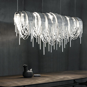 Lampadario di Lusso PM con Catena in Alluminio e Nappe, Design Nordico, Lampada a Sospensione Rotonda Argento per Villa, Soggiorno e Sala da Pranzo - Product Image 3