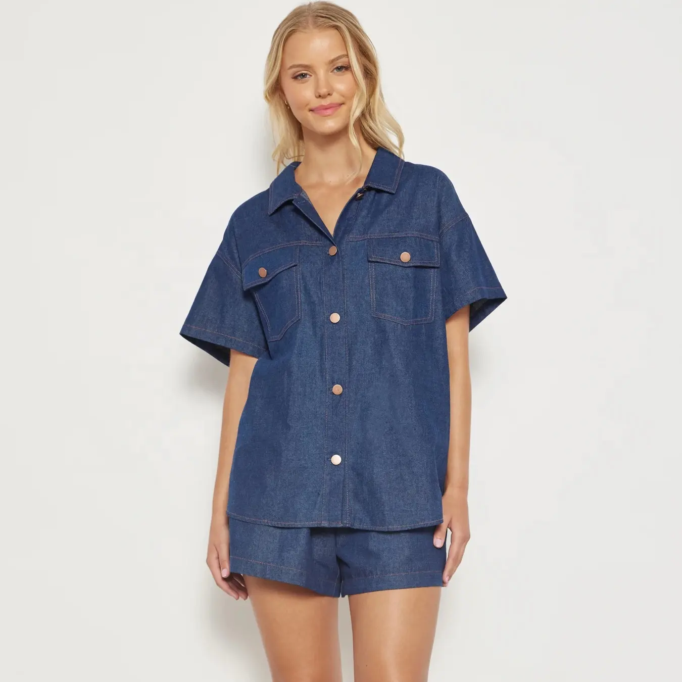 2024 Custom Women 2 Pieces Set Contrast Stitching Chambray Shirt and Shorts Set Denim Two Piece Sets