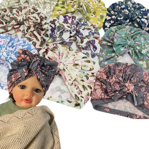 Хлопковая эластичная детская шапочка-бини с цветочным принтом, унисекс, индийский тюрбан, шапочка, детская Весенняя шапочка, аксессуары для волос с бантом