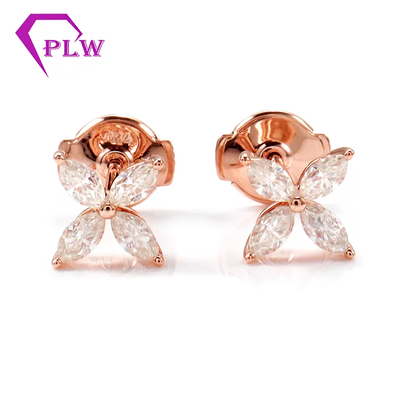 Marquise Flower Diamond Studs Earrings in 18K Rose Real Gold 2x4mm Diamond Gold Women Gift Earrings Studs