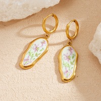 Fashion Geometric Irregular 18K Gold Plated Floral Hoop Drop Earrings Stainless Steel Enamel Flower Dangle Earrings for Women