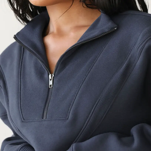 New Style French Terry Cropped Raw Hem Hoodies Mock Neck <strong>Quarter</strong> <strong>Zip</strong> Pullover <strong>Women</strong> Crop <strong>Sweatshirt</strong> - Product Image 3