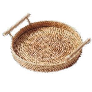Vente en gros Plateau de service en rotin fait à la main au Vietnam Plateau alimentaire rond en bambou avec poignées pour corbeille de fruits Desert Servant à usage domestique - Product Image 5