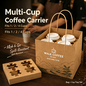 ถาดกระดาษบรรจุภัณฑ์เครื่องดื่มเย็น ชานม กาแฟ แบบหลายถ้วย ทนทาน ใช้ซ้ำได้ พร้อมถุงกระดาษคราฟท์แบบก้นแบนสำหรับใส่กลับบ้าน - Product Image 5