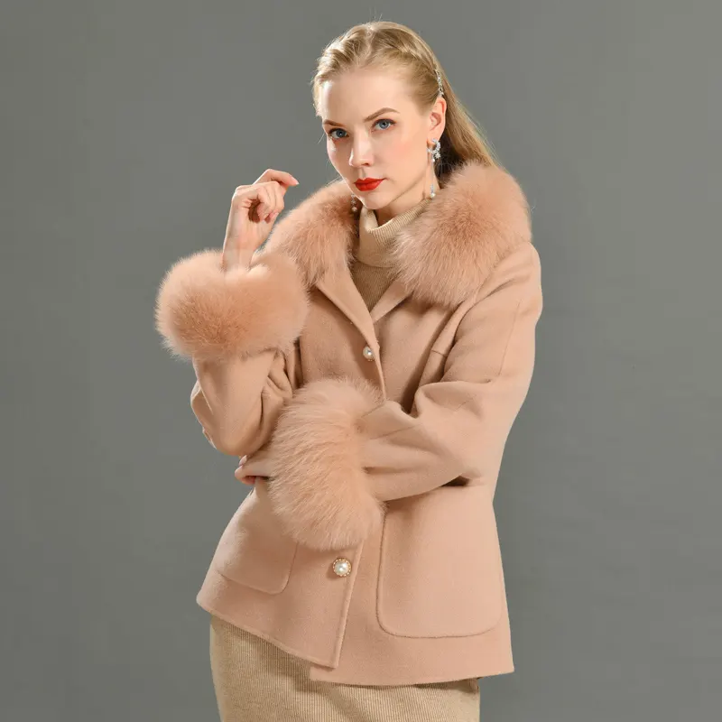 Jxwatcher Nouveau style Manteau en laine double face avec col en fourrure de renard Manteau en cachemire pour femmes