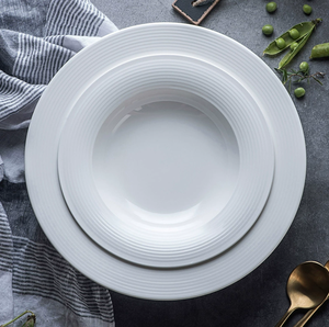 Assiette à salade en céramique blanche pour restaurant, avec texture côtelée en relief, assiette ronde pour soupe, steak, apéritif, restauration hôtelière - Product Image 3