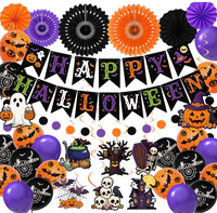 Décorations de fête d'Halloween : Guirlande de lettres suspendues, guirlande de spirales en aluminium, guirlande de points circulaires, éventails en papier, boules en nid d'abeille, ballons imprimés