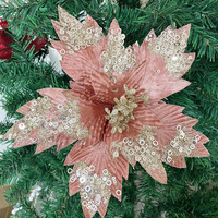 Grandes fleurs de Noël en tissu, artificielles, décoratives pour la maison, rouge et or pailleté