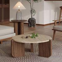 Table basse ronde rétro de luxe, plateau en marbre travertin naturel, table d'appoint légère en bois massif pour petite maison et balcon