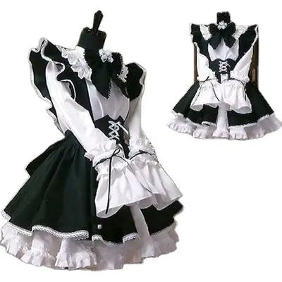 Women Maid Outfit Long Dress Black and White Apron Dress Lolita Dresses Men Cafe Cosplay Costume
