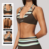 Soutien-gorge de sport sans armatures pour femme, nouveau style, à rayures contrastées et pois, avec bretelles multiples, dos nu et coussinets amovibles, idéal pour les voyages et la plage - FWX4549